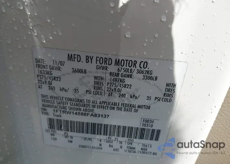 2008 Ford F-150 Harley-Davidson/Limited z USA, uszkodzony, nr VIN 1FTRW14588FA83137